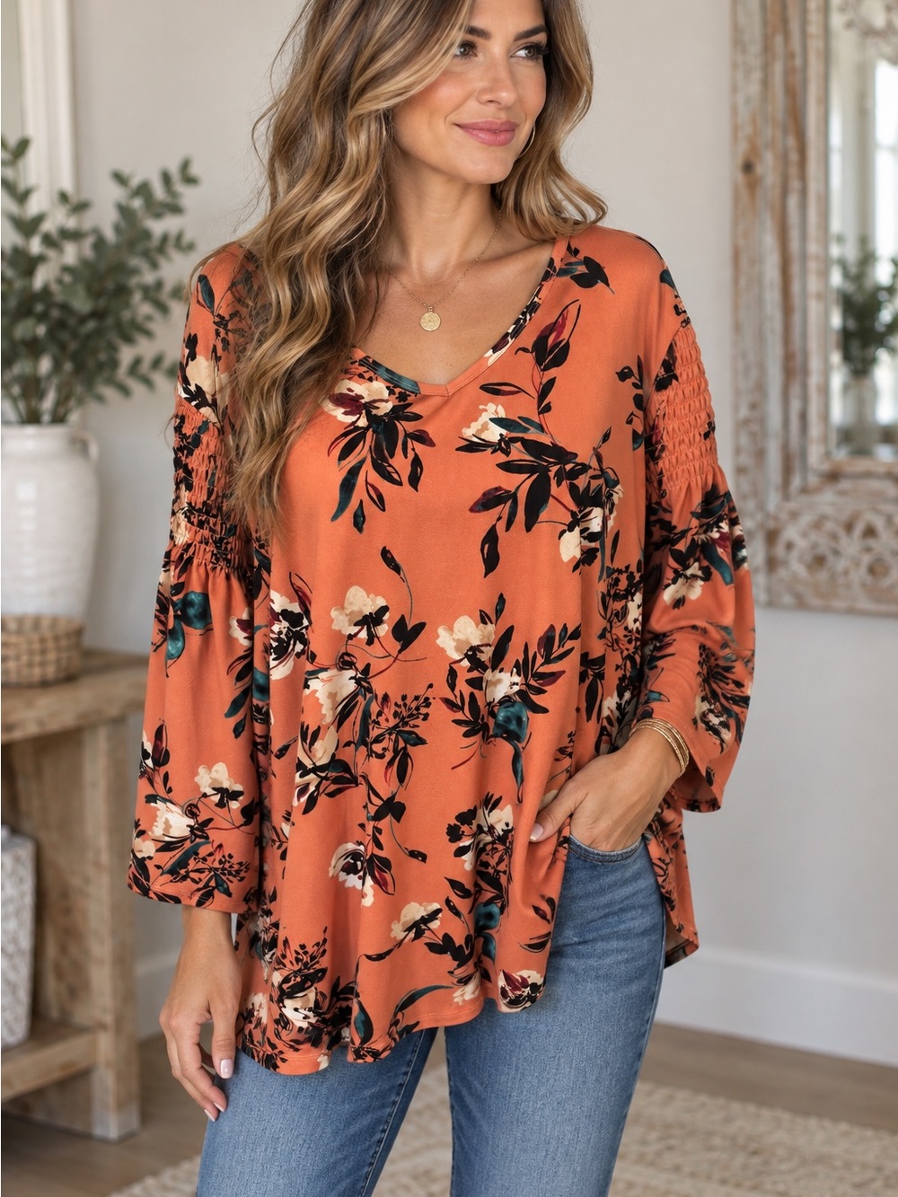 EVRI 1X Coral Floral V Neck Smocked Sleeve Boho Stretch Blouse
